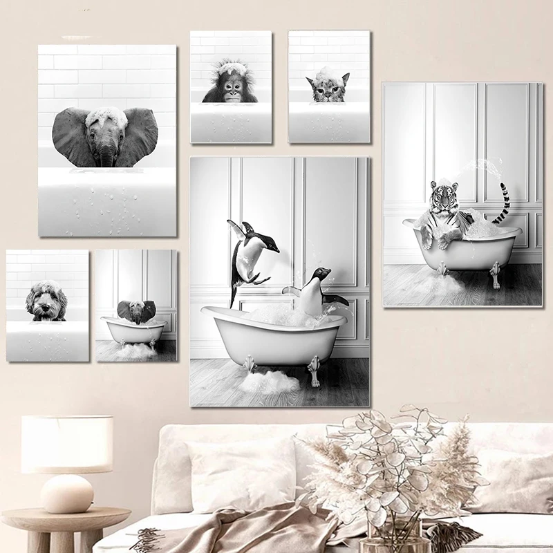 

Modern Canvas Painting Black White Animals In Tub Bathroom Nordic Black White Posters and Print Wall Art Picture for Living Room
