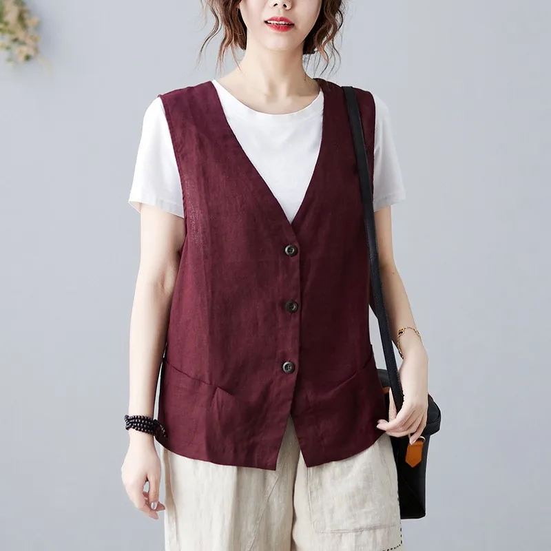 

Women New Arrival Cotton 2021 Style Loose Coats Summer Vests Linen Vest Casual V-neck Color Solid Female Jackets Vintage
