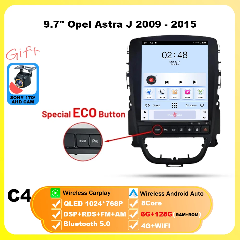 

9,7-дюймовый для Opel Astra J 2009-2015 Android 15, автомобильный радиоприемник, мультимедийный видеоплеер, GPS Tesla, модель беспроводной android, авто WIFI 4G