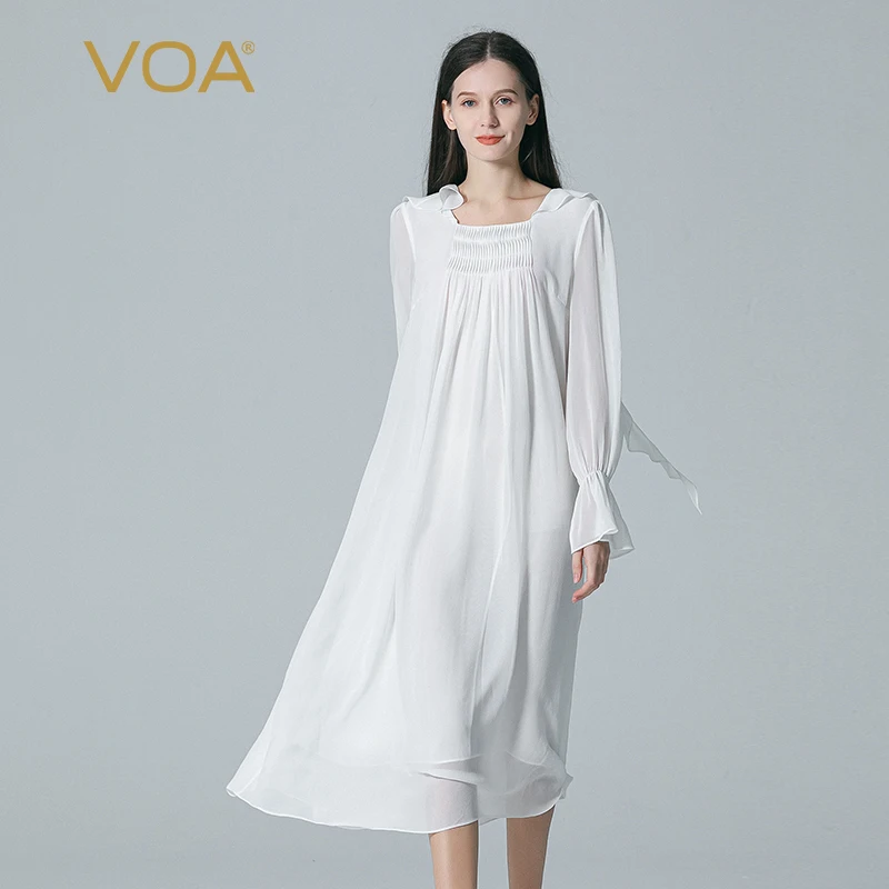 

(Fans Exclusive Discount) VOA Silk Flare Long Sleeve Organ Pleated Good Quality Princess Sweet Ruffles Loose White Dress AE1829