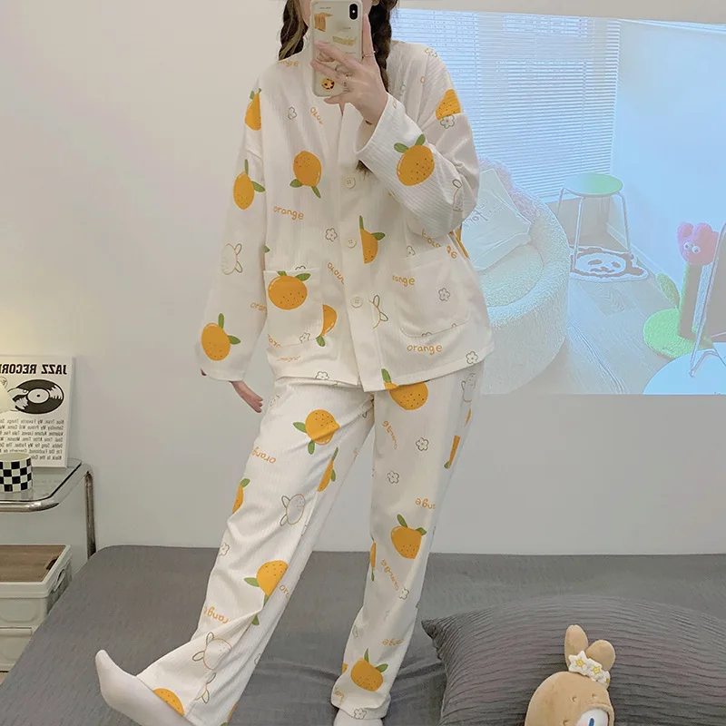 Yasuk Spring Autumn Fashion Women's Casual Soft Cotton Sleepwear Homewear Pajamas Set With Pants Orange Print