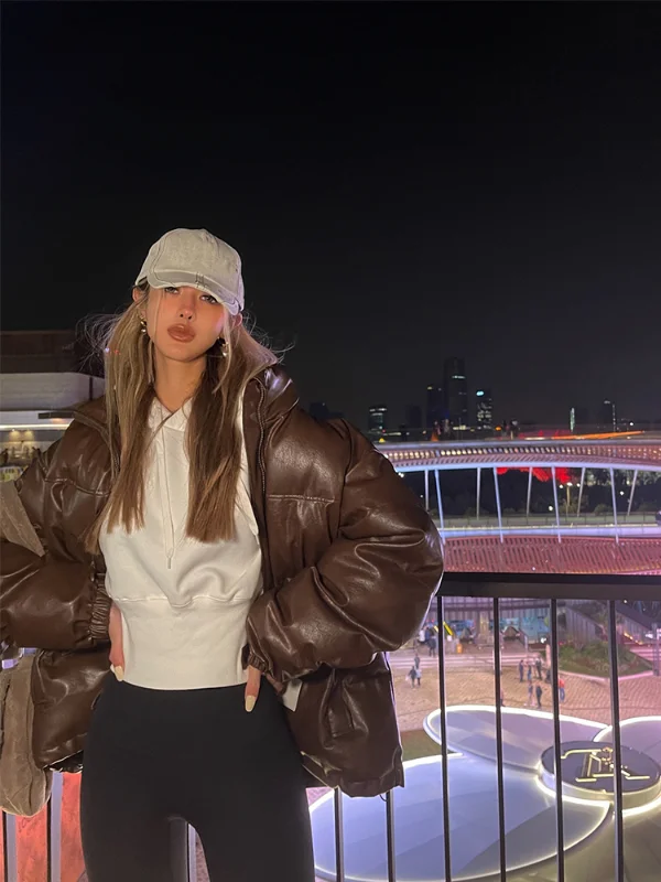 Winter Warm Thick PU Leather Coats Women Short Parkas Fashion White Cotton Padded Lady Down Jacket Elegant Zipper Clothes 2022