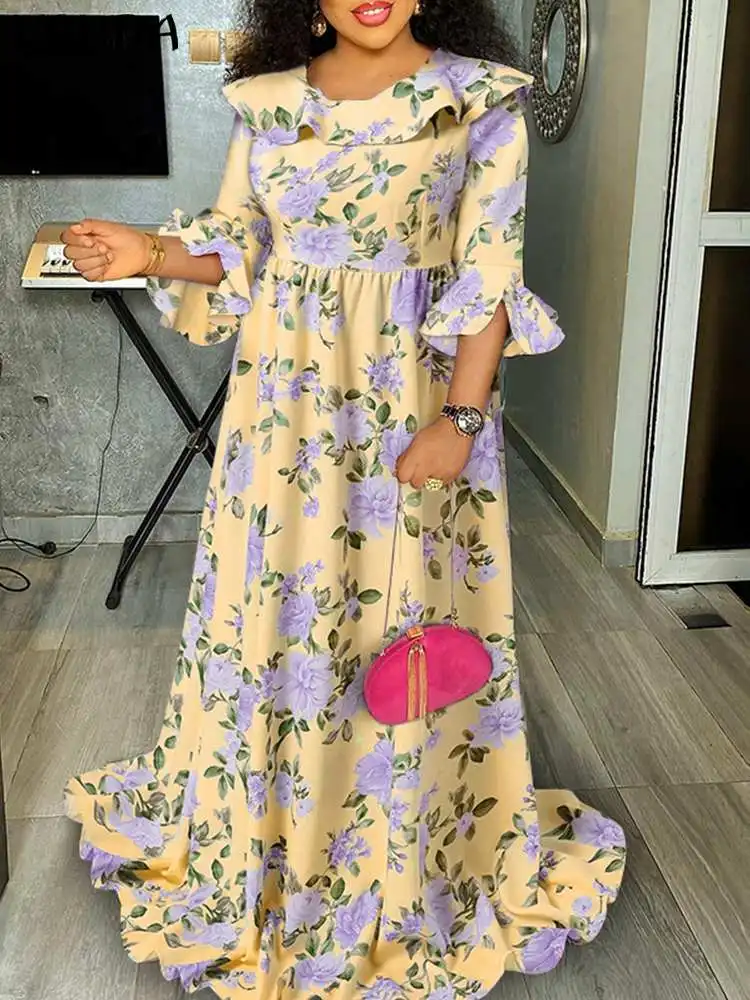 

VONDA Y2K Women Fashion Casual Holiday Sundress 3/4 Sleeve Pleated Dress Floral Print Ruffled Vestido Party Maxi Robe Femininas