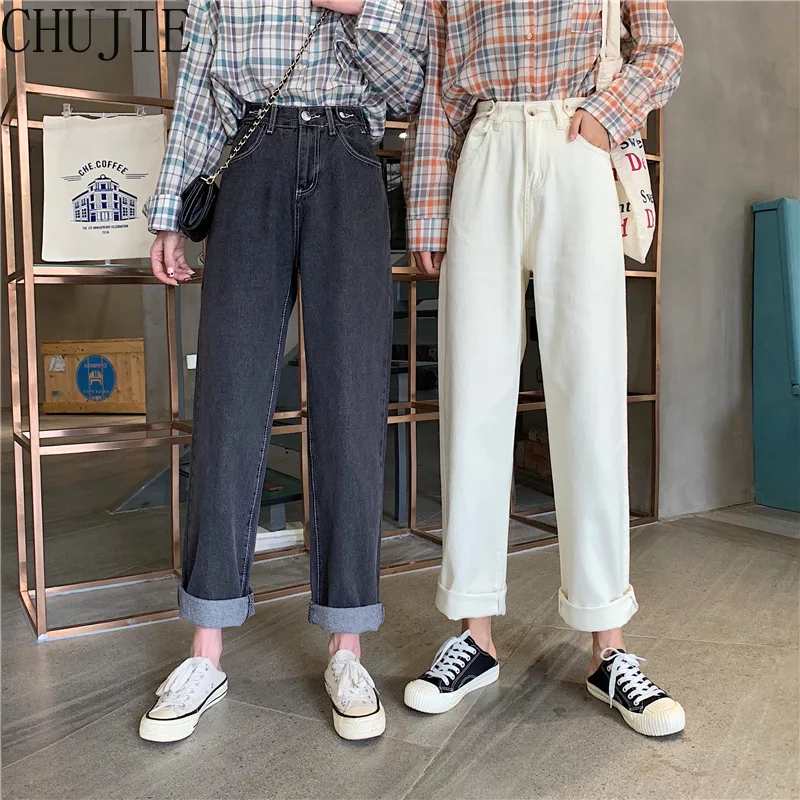 

Fashion High Waist Jeans Women Fall Retro Chic BF Style Popular Preppy Teens Wide-leg Jean Simple Harajuku Womens Denim Trouser