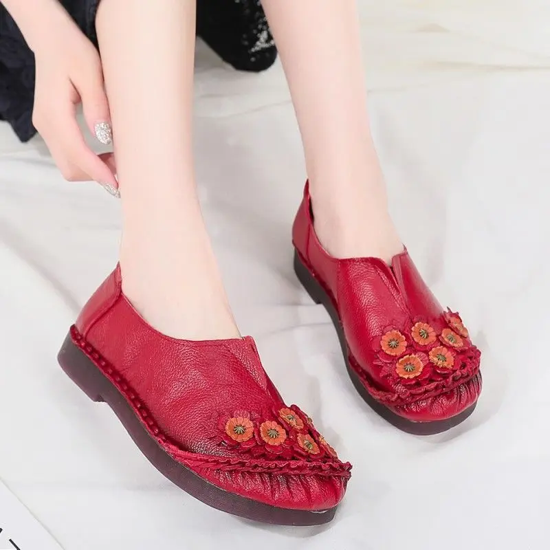 Top Quality Real Leather Shoes Women's Ballet Flats Floral Moccasins Ladies Vintage Luxury Loafer Waterproof Wide Fit Chic Shoes