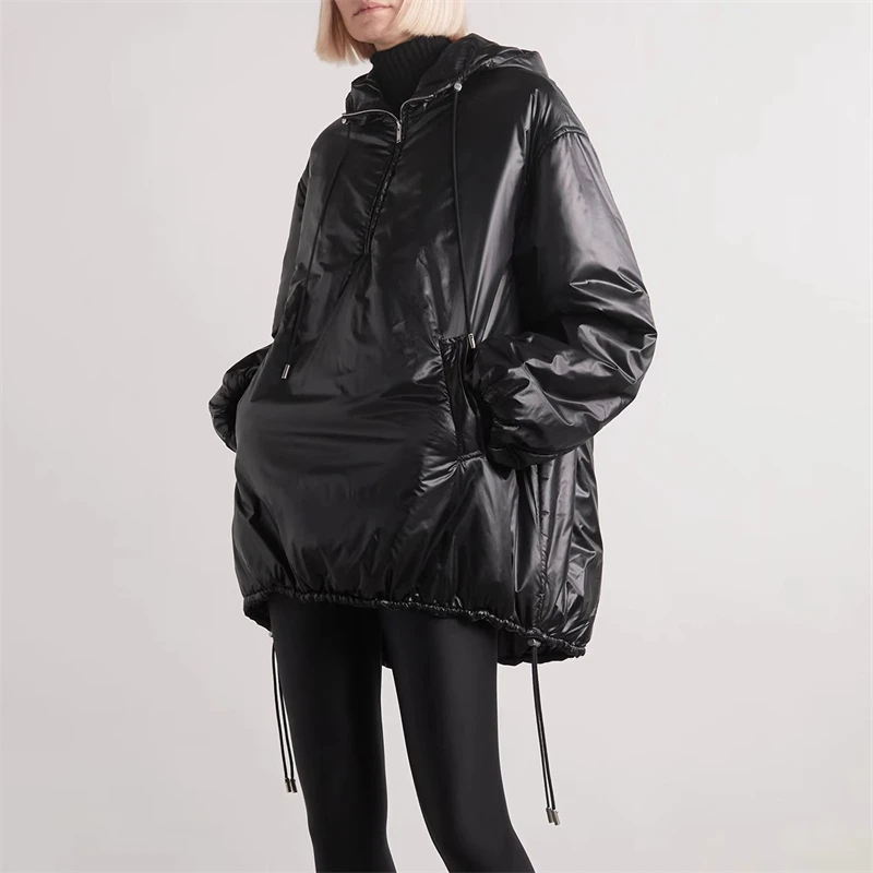 

2023 new winter women's hooded drawstring windproof warm cotton coat y2k retro casual loose embroidered glossy ski cotton coat