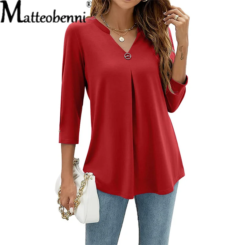 

Elegant Seventh Sleeve Tees Female Fashion V Neck Studded Button Trim Pleated T-Shirt Women Street Commuter Office Daily Tops 23