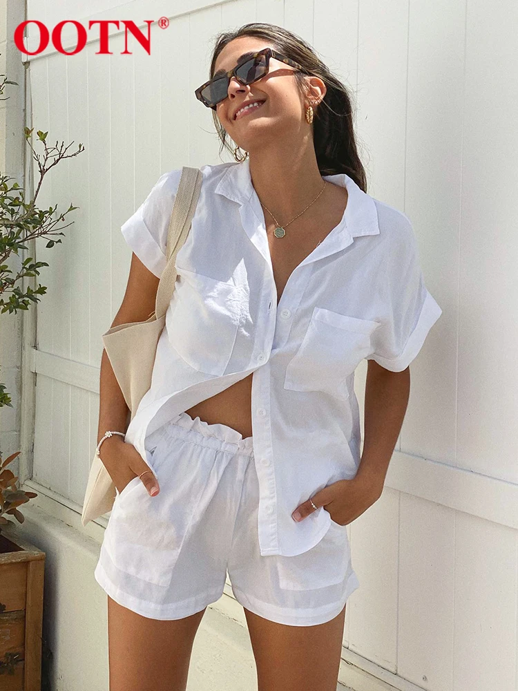 

OOTN Casual Cotton Linen Shorts Sets 2022 Lapel Thin Short Sleeve Shirt Summer Woman Outfit Pocket Elastic Waist Shorts Suits