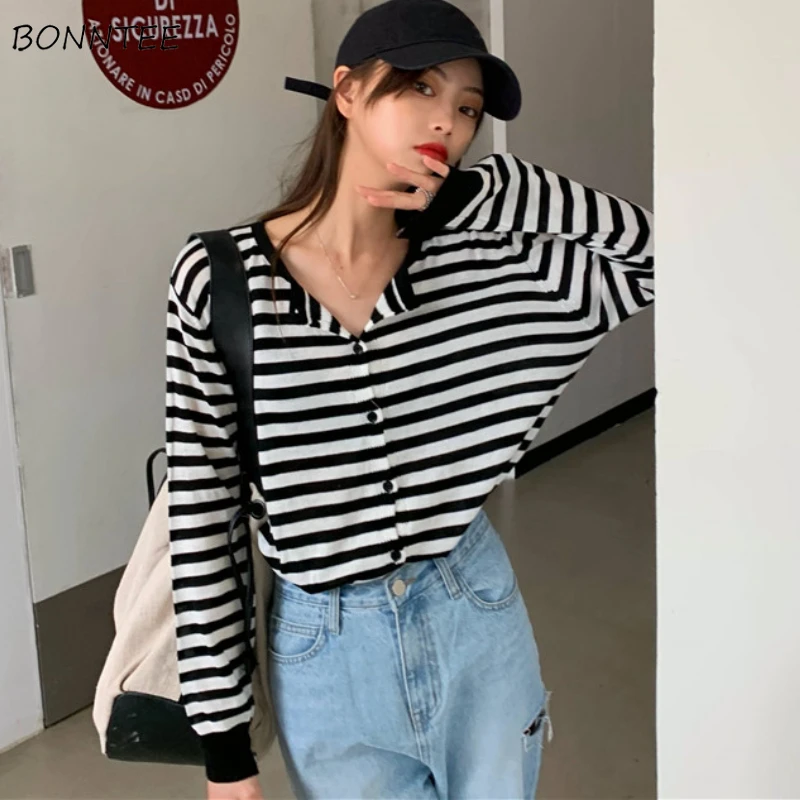 

Cardigan Women Classic Striped Retro All-match Minimalist Autumn Knitwear Daily Casual Korean Style Ladies Stylish Cozy Basic