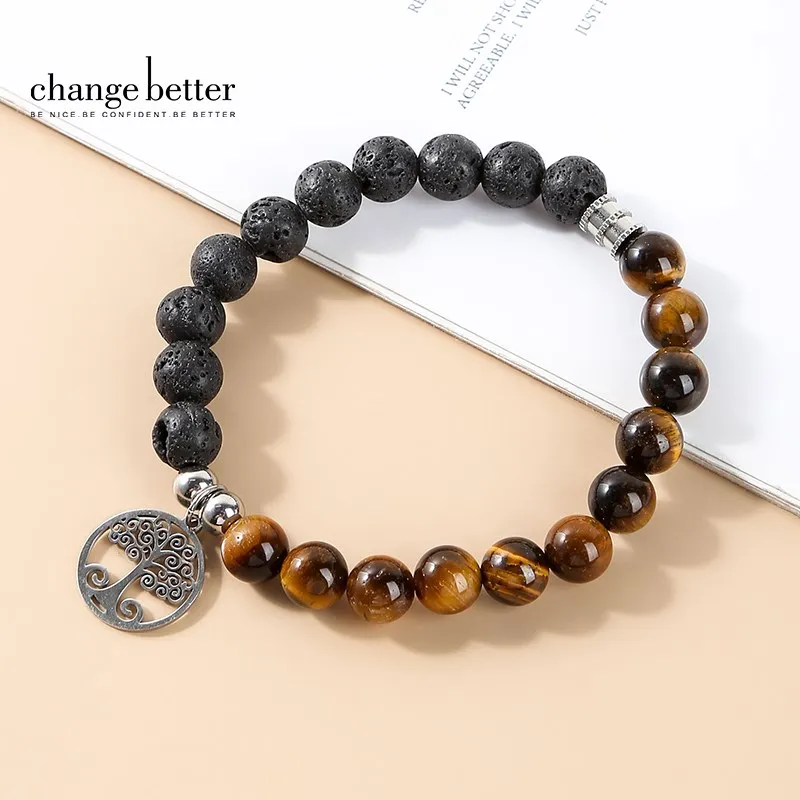 

Change Better Natural Stone Tiger Eyes Tree of Life Pendant Charm Bracelets Men Women Yoga Energy Volcanic Stone Strand Bangles