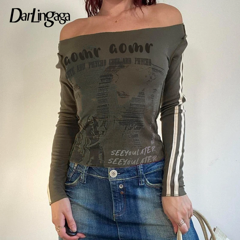 

Darlingaga Harajuku Graphic Printed Slim Female T-shirt Stripe Stitch Off Shoulder Top Y2K Aesthetic Streetwear Autumn Tee Shirt