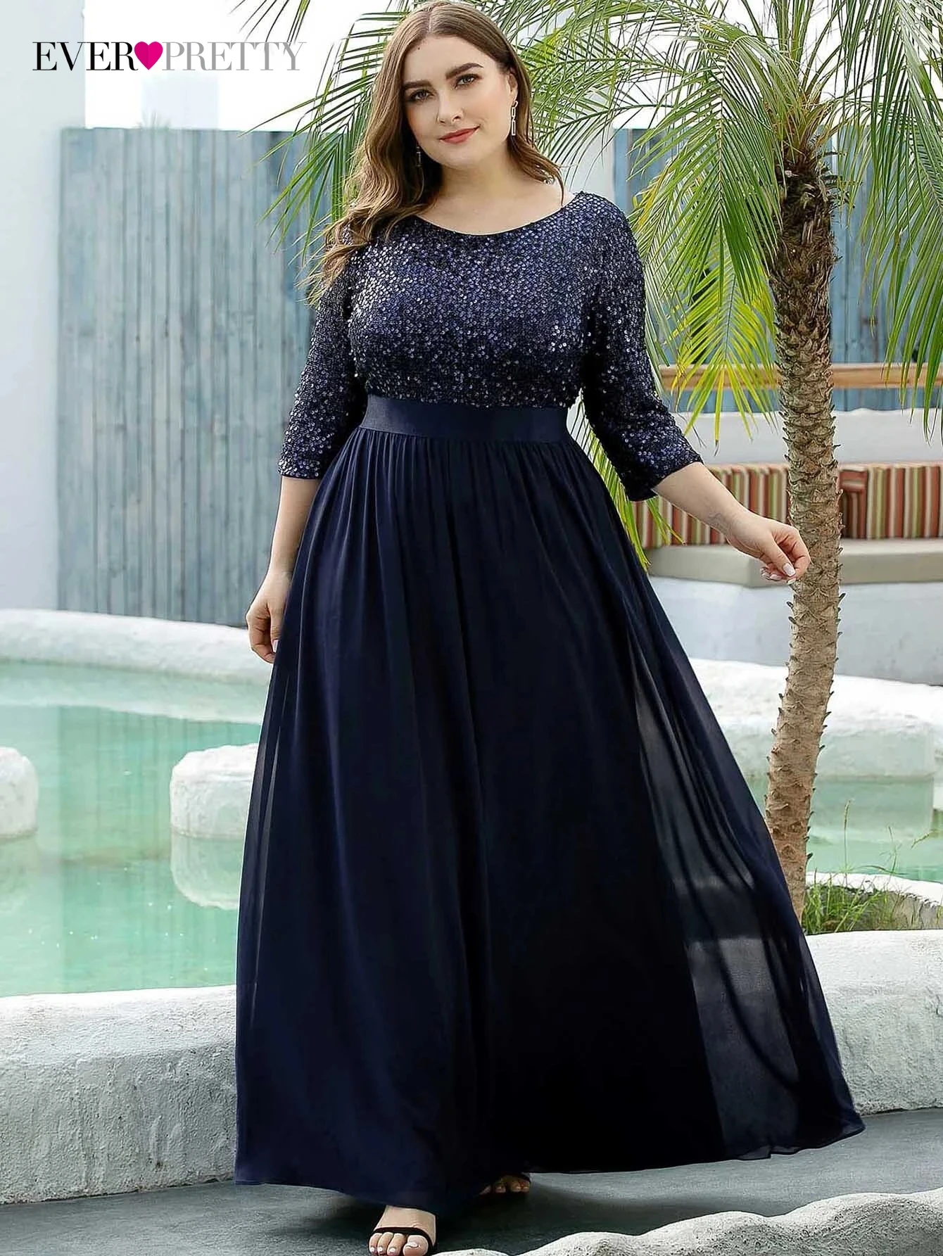 

Plus Size Elegant Evening Dresses Long A-LINE O-Neck Three Quarter Sleeve Gown 2022 Ever Pretty of Sequined Prom Women Dress