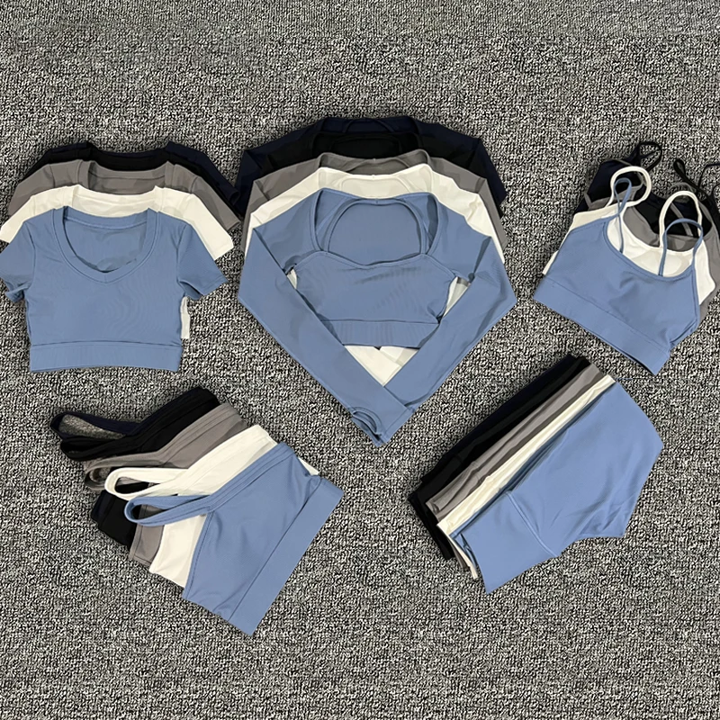 

New 6Piece Seamless Sports Suit Women Tracksuit Yoga Set One Shoulder Yoga Bra Gym Workout Fitness Suit Leggings Cycling Shorts