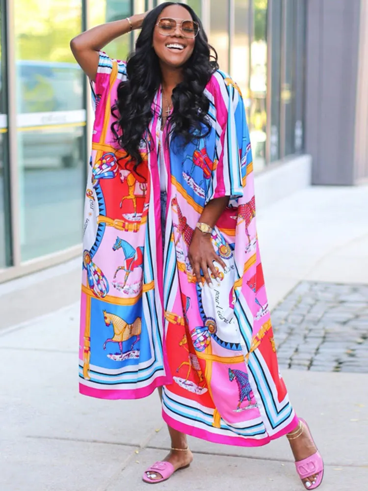 

Длинное кимоно EDOLYNSA с богемным принтом, 2023, женские платья-туники, праздничная пляжная одежда, платье макси с открытым спереди, саронг A1995