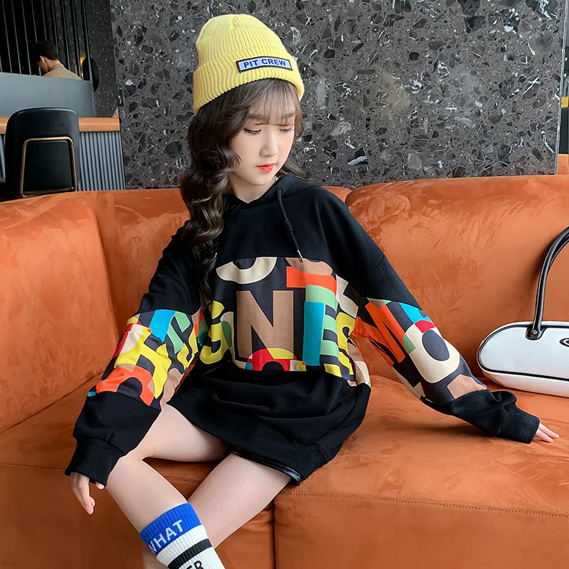 

Girls Hoodie Autumn Loose Letter Patchwork Hooded Kids Sweatshirts Jacket Coat 2023 Winter Casual School Children's Velvet Tops