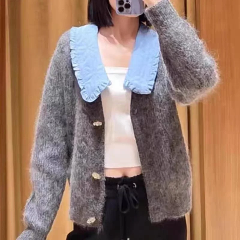 

Women Sweater Stitching Peter Pan Collar Single Breasted Long Sleeve Knitted Cardigan