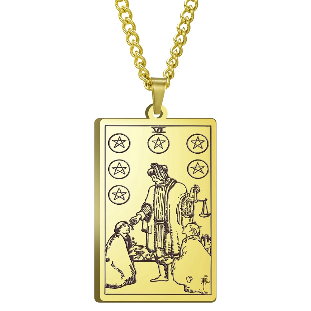 

3 Colors Black Color Gold Color Steel Color 24x40mm Tarot Six Of Pentacles Pendant Necklace With 60cm Link Chain