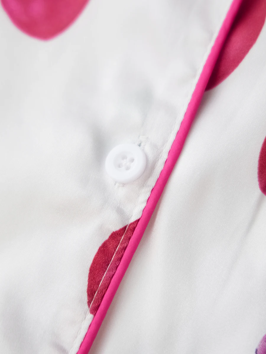 Женский атласный пижамный комплект с вишневым принтом топы на пуговицах