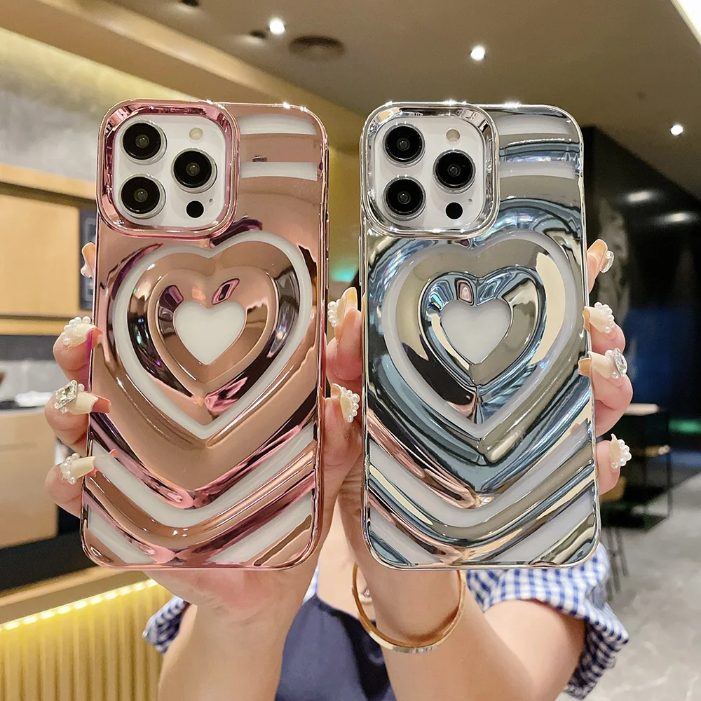 

3D Love Heart Pattern Phone Case For iPhone 14 Case iPhone 11 12 13 14 Pro Max Fundas Luxury Coque Plating Shockproof Back Cover