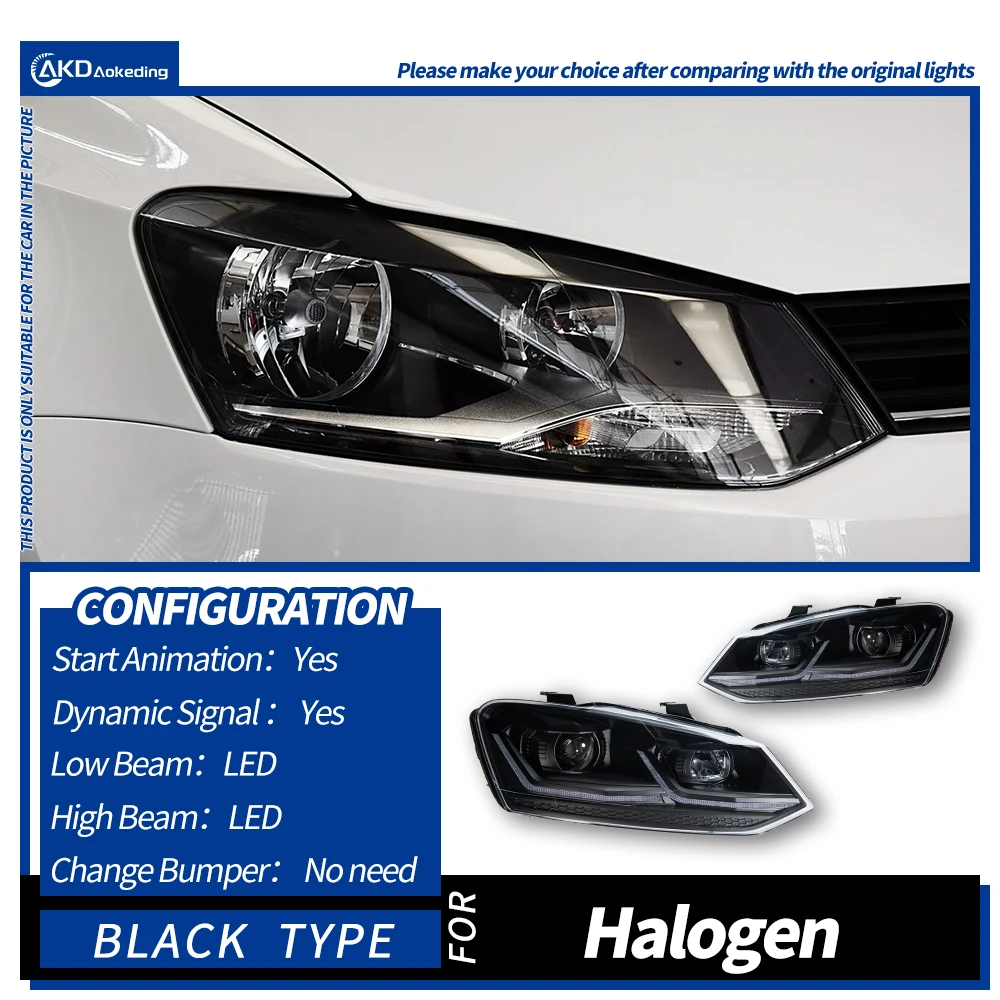Фара AKD для VW Polo, светодиодная фара 2011-2018, фары POLO DRL, указатель поворота, дальний свет, линза проектора «ангельский глаз»