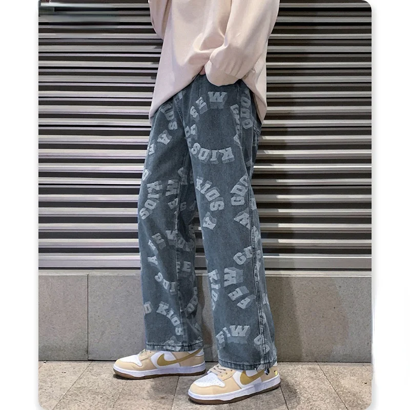

2022 Men's Summer Tide Brand Ins Loose Straight Jeans Male Daddy Jacquard Wide Leg Long Pants