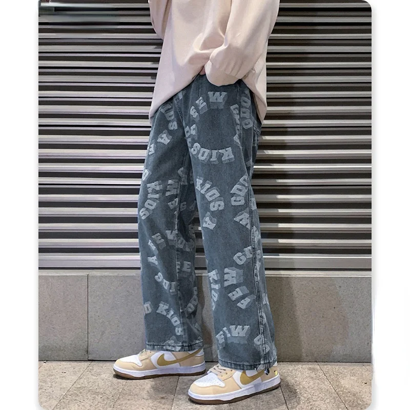 2022 Men's Summer Tide Brand Ins Loose Straight Jeans Male Daddy Jacquard Wide Leg Long Pants