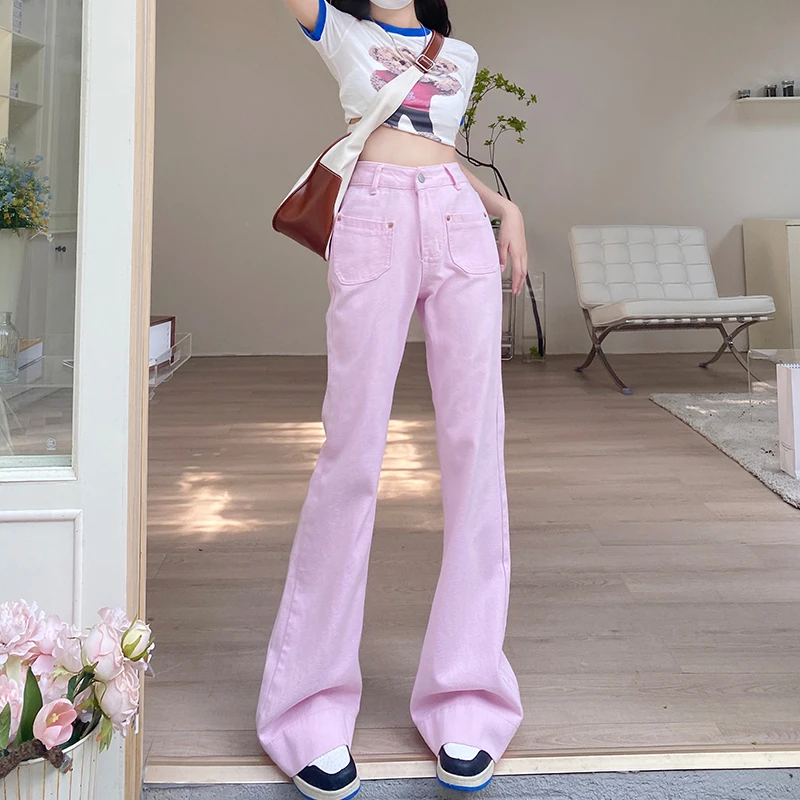 

Женские розовые джинсы-клеш, милые длинные винтажные мешковатые джинсы в японском стиле бойфренда, новинка 2022, длинные женские брюки Y2K