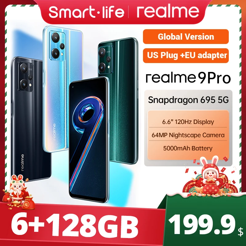 

Global version realme 9 pro 5G Mobile phone 6GB RAM 128GB ROM smartphone 6.6inch FHD+ Display 120Hz US Plug + EU adapter!