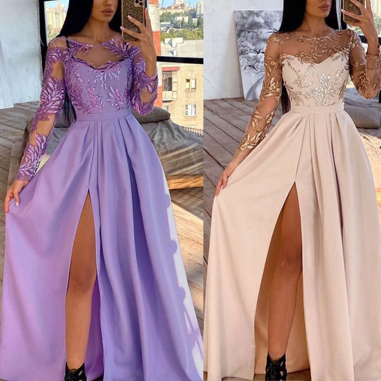 

Dresses Formal Women's Long Sleeved Gold Sequined Slit Formal Dress Bridesmaid Dress