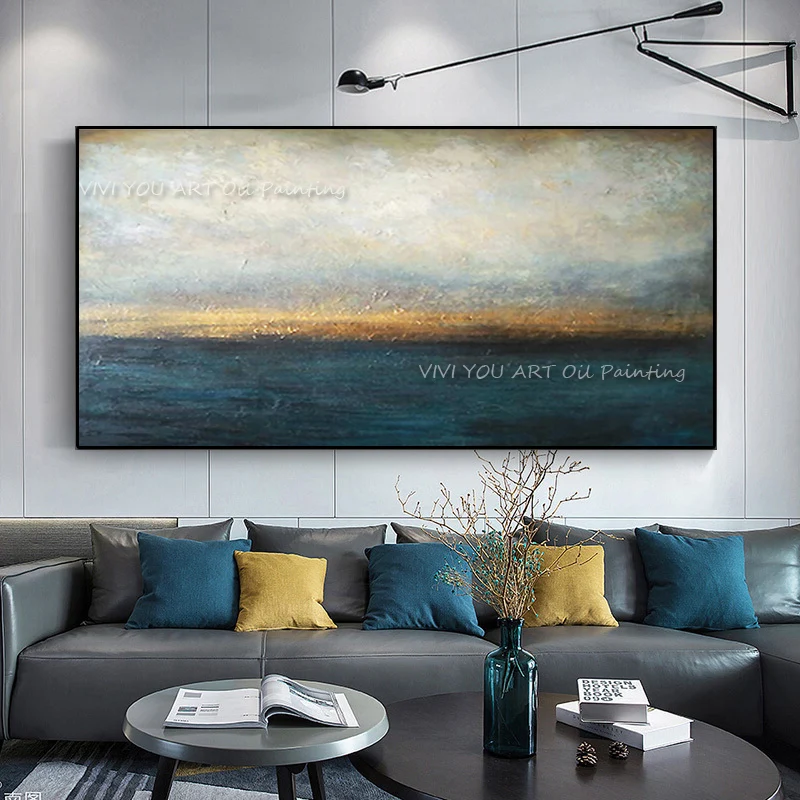 100% ручная работа Абстрактная живопись большого размера современное синее