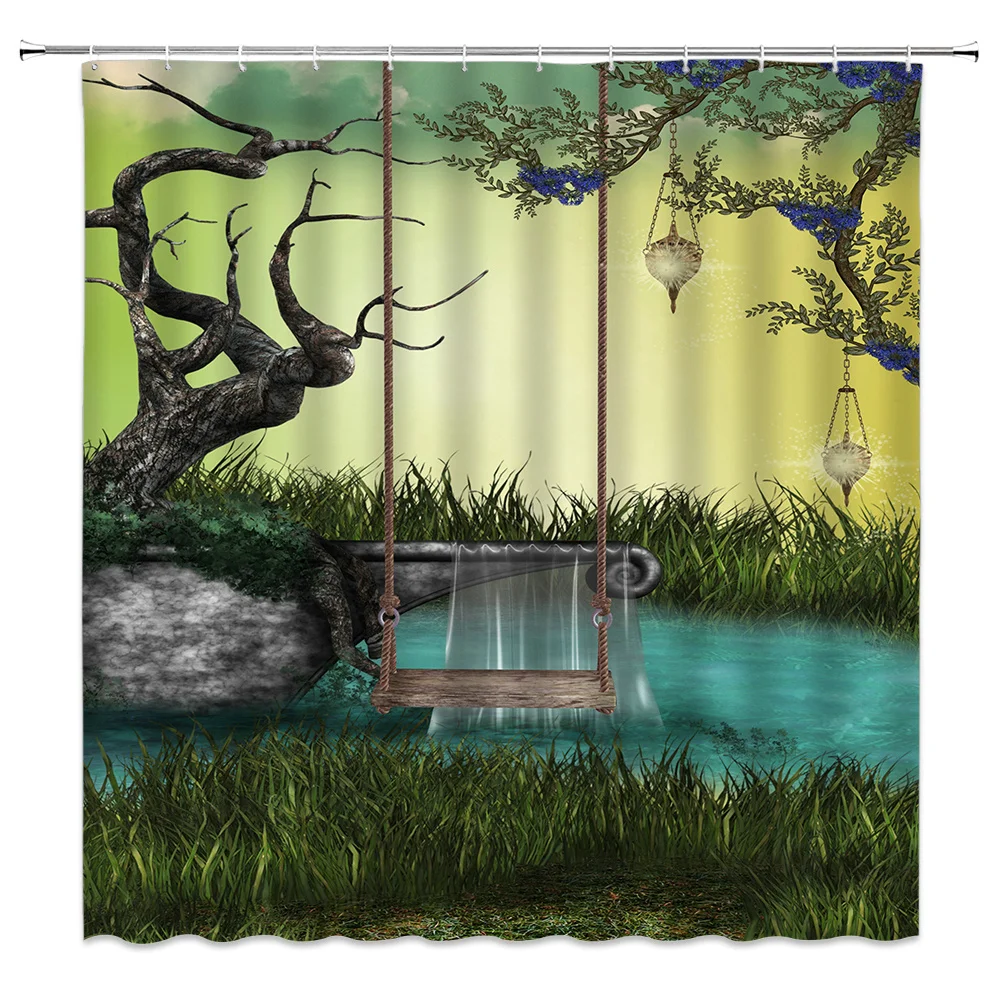 

Dream Forest Shower Curtains Waterproof Cartoon Fantasy Green Plants Trees Flowers Kids Bathroom Decor Cloth Curtain Set