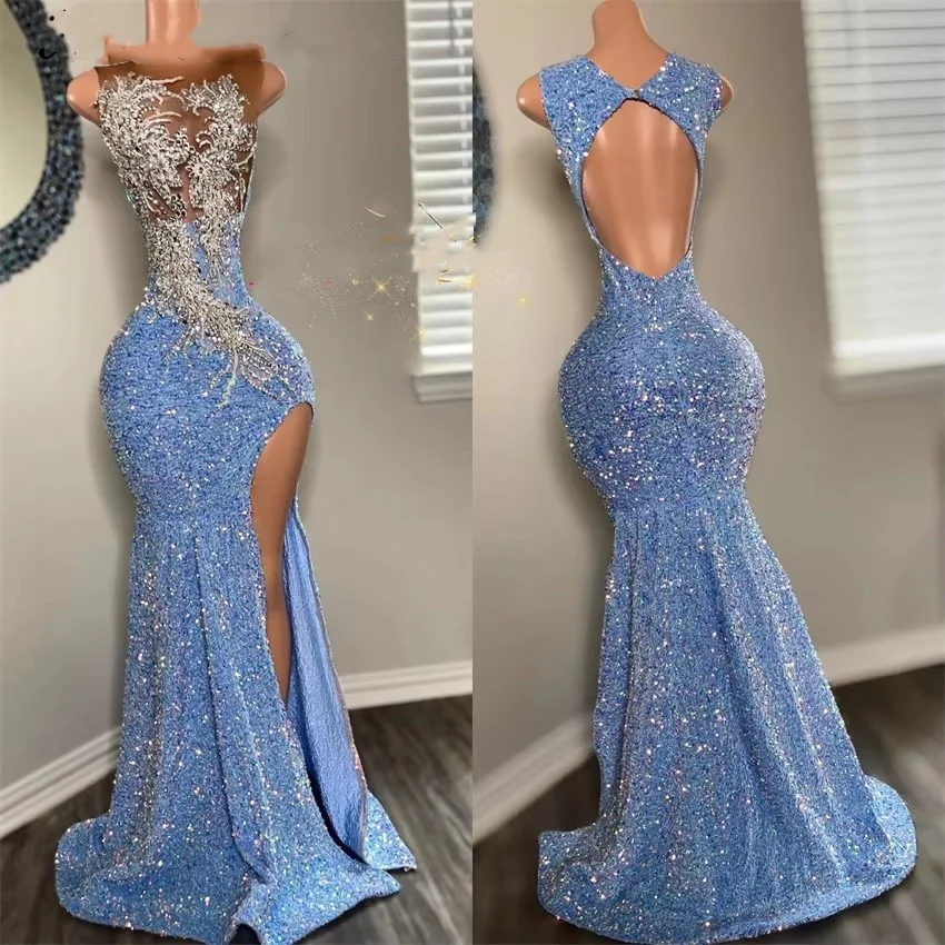 Glitter Blue Sequins Prom Dress Beading Crystal Side Split Banquet Dance Gowns Birthday Party |