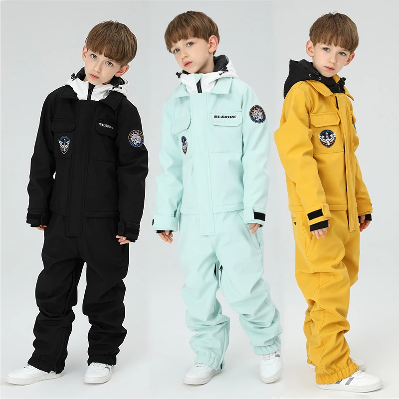 

Winter One Piece Boy Snow Suit Sport Hooded Kids Ski Suit Windproof Children Snowboard Overall Outdoor Pants Costume Clothes
