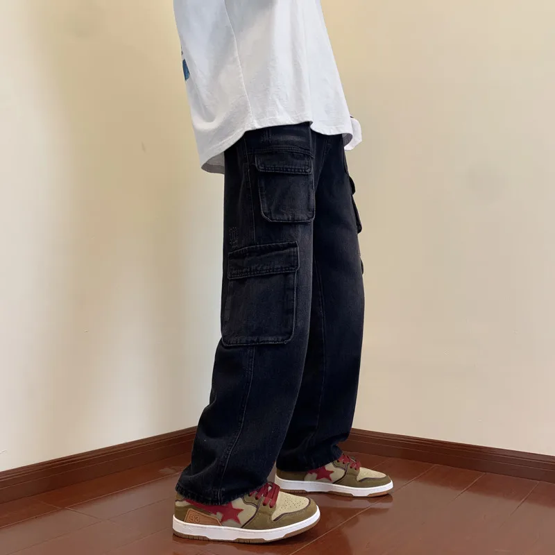 Blue Black Baggy Jeans Men Fashion Retro Pocket Cargo Jeans Men Streetwear Hip Hop Loose Straight Denim Pants Mens Trousers