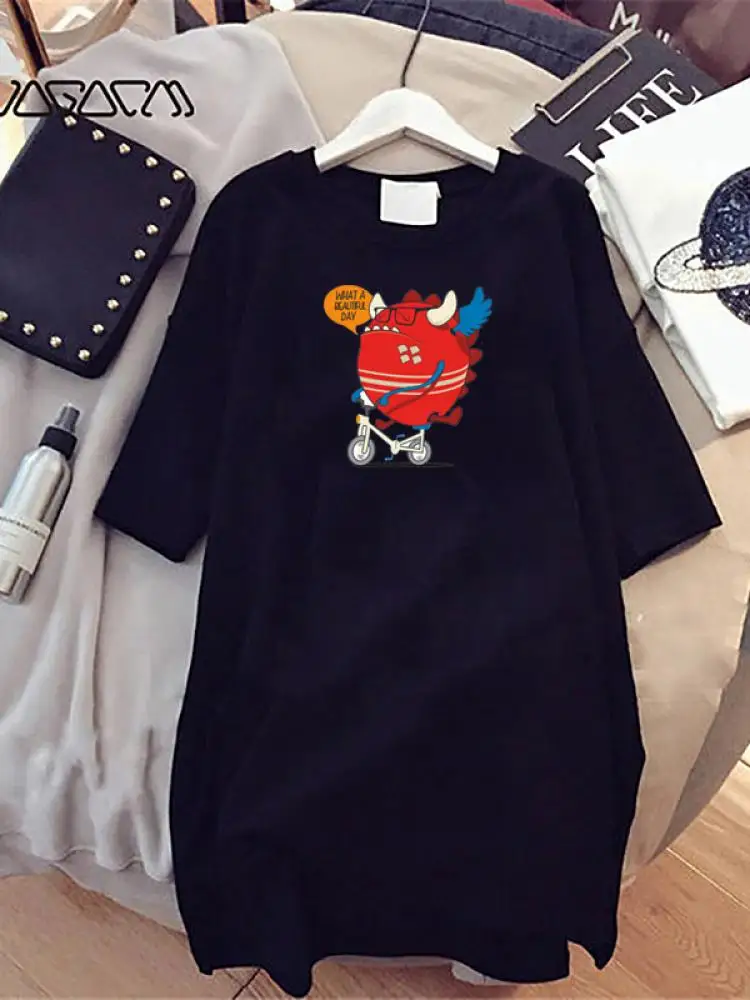 Kawaii Printed Nightdress for Women Diy Spring Summer Short Sleeve Cartoon Printed Homewear O Neck Casual Loose Pajamas Harajuku