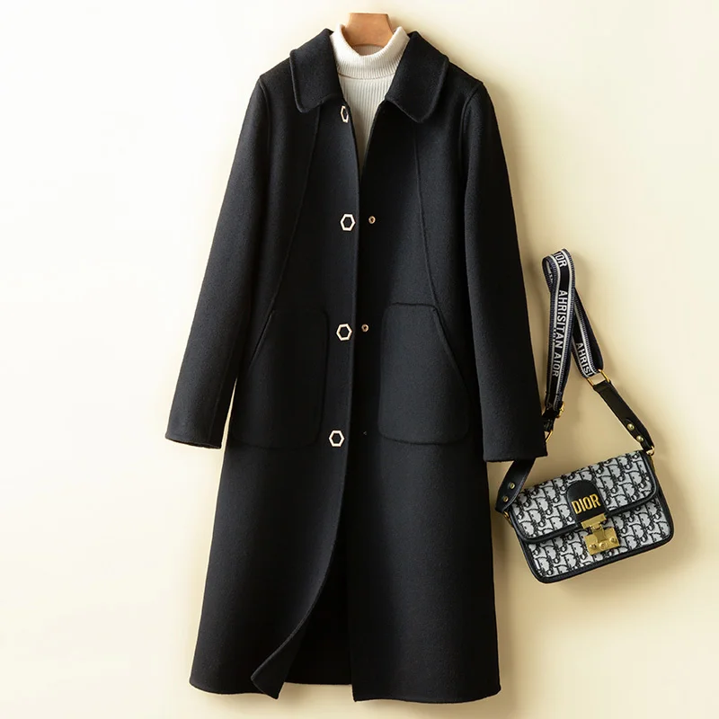 

Куртка женская Двусторонняя кашемировая, свободная верхняя одежда в Корейском стиле, шерстяное пальто с большими карманами и длинным рукав...