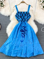merchall 2022 summer designer runway blue pleated dress women sleeveless camisole female vintage print party midi dress m6539