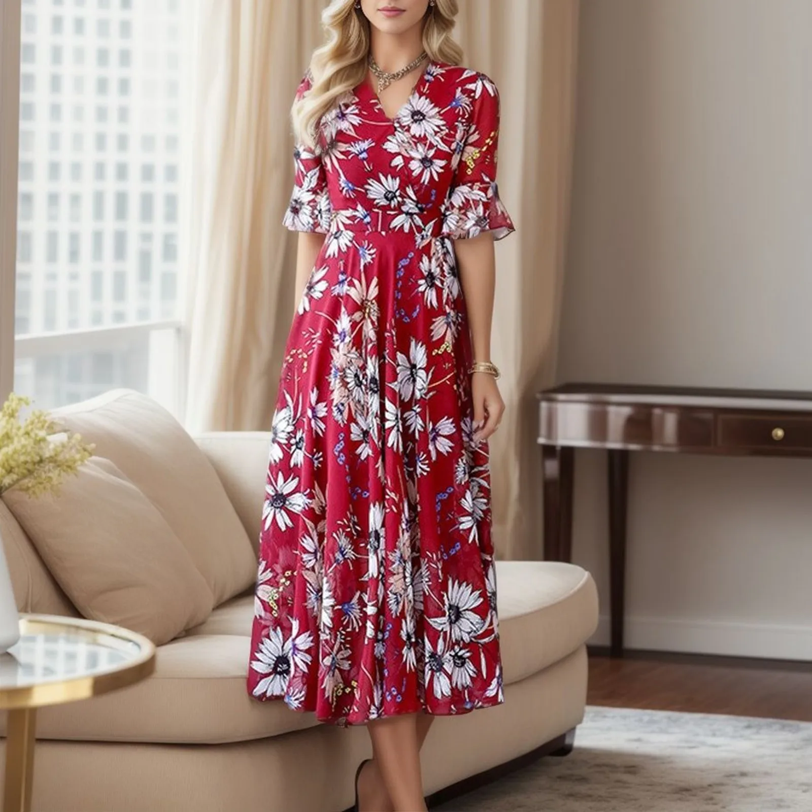 

Women Floral Printed Chiffon Dress Long Casual Fashion A Line Print V Neck Slim Short Sleeve Women'S Elegant Party Dress