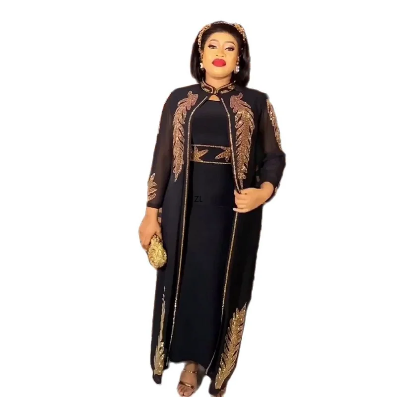 Fashion Muslim Set Elegant Party Maxi African Dresses For Women Diamond Muslim Dubai Abaya Cardigan Two Piece Set Ankara Robes