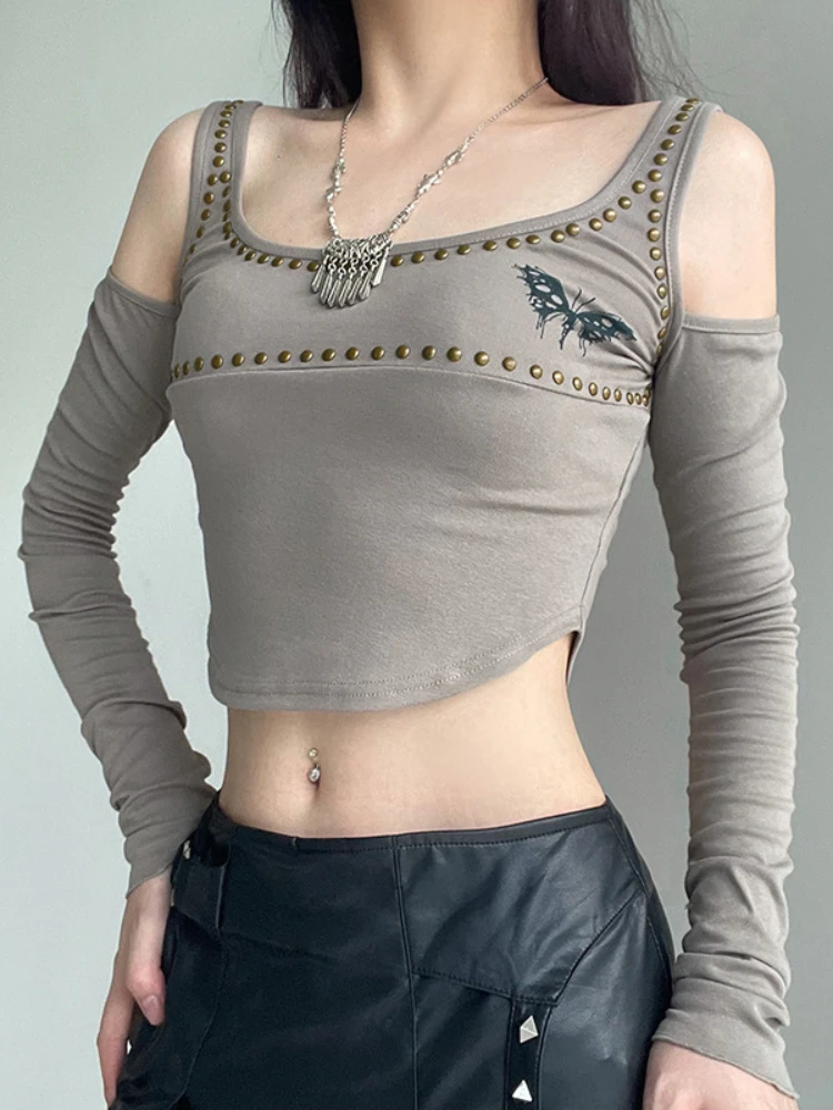 

Kalevest Harajuku Vintage Rivet Design Butterfly Print Cropped Top Women Punk Y2k Hot Girl Hollow Out Long Sleeve Slim T Shirt