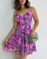 fashion floral print ruffle hem sleeveless dress 2022 summer new womens dress sexy suspender miniskirt
