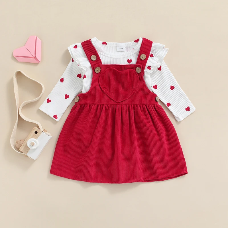 

0-18M Baby Girls Two-Piece Suit Valentine's Day Heart Pattern Ruffle Long Sleeve Round Neck Romper + Suspender Skirt Clothes Set