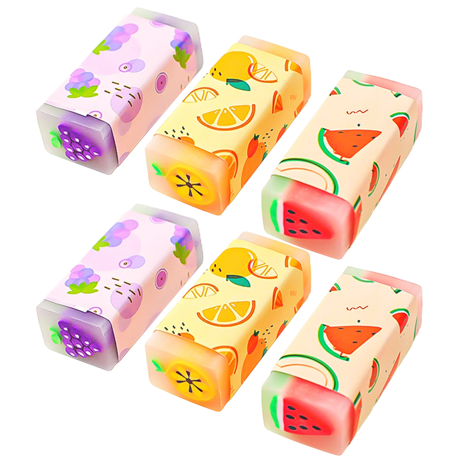 

6pcs For Kids Stationery School Long Lasting Office Random Style Kawaii Drawing Students Pencil Eraser Cute Fruit Gift