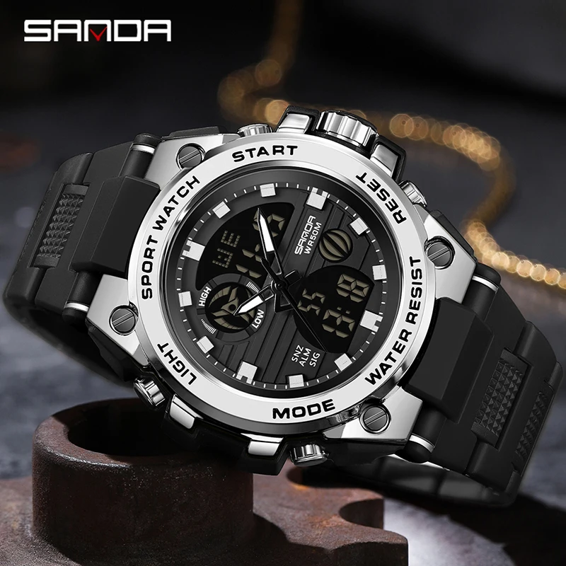 

SANDA Trendy Men Multifunctional Dual Display Watch HD LED Digital 50M Waterproof Military Watches Alarm Clock Timing Reloj 9011