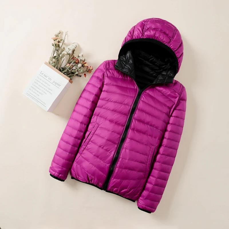 Women's Double-sided Down Jacket Winter Insulation Hooded White Duck Down Long Sleeved Jacket Light and Thin Solid Color Top