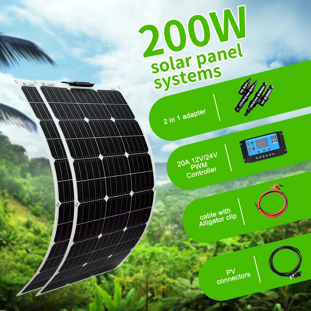

100 Watts Flexible Solar Panel 18V 100W 200W 300W Solar kit PV Monocrystalline Home Camping Boat Car RV Battery Charger 12V 24V
