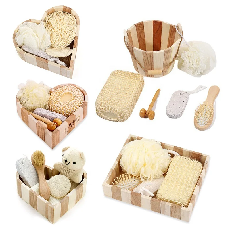

Promotional customized Sponge wooden bath sets spa shower gift set