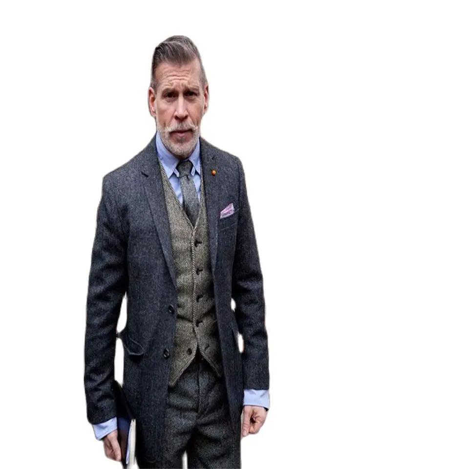 

Grey Tweed Men Suit Winter Classic Suit Men Elegant Formal Wedding Suits For Men Retro Costume Homme 3 Pieces Traje Hombre Suits