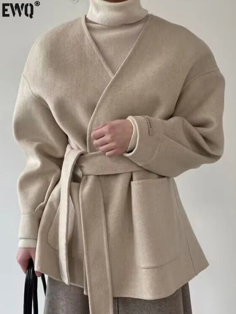 

[EWQ] Women V-neck Lace Up Waist Slim Woolen Coat Winter big Pocket Long Sleeve Loose Casual Wool Jacket 2023 Autumn New 16U5309