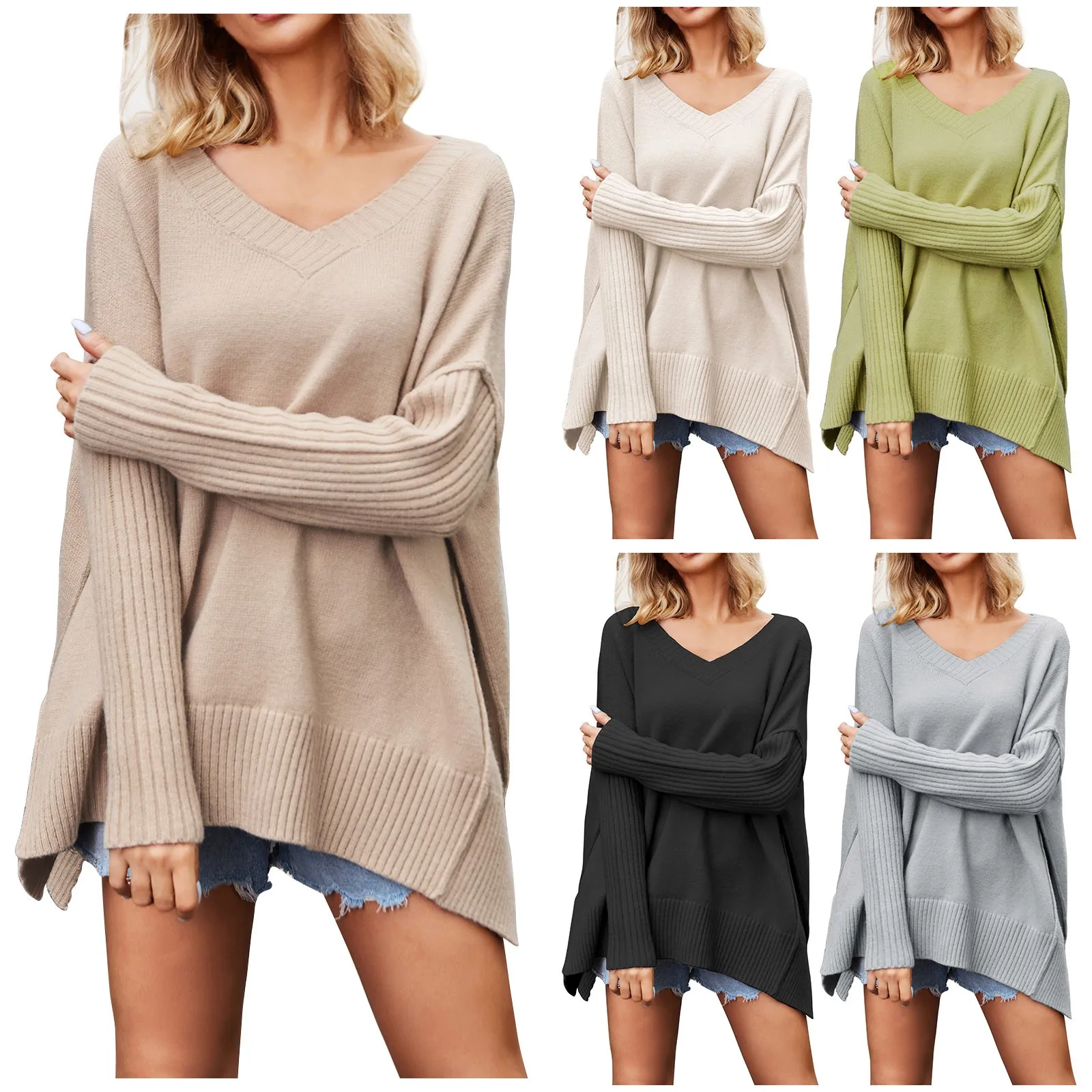 

Зимнее вязаное платье, свитер, женская мода, v-образный вырез, длинный рукав, сексуальный пуловер, однотонная мягкая свободная футболка, свитер, 국 동대문 류